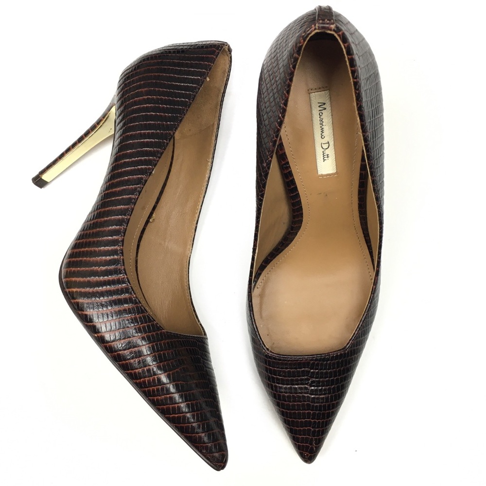 Massimo Dutti Brown Reptile Gold Pumps